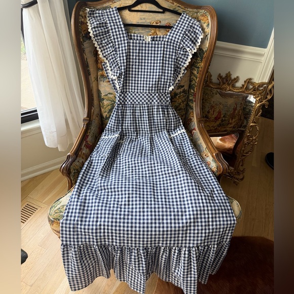 Vintage navy Gingham Maxi Dress Cottagecore French Countryside Prarie ruffle tie - Picture 5 of 7